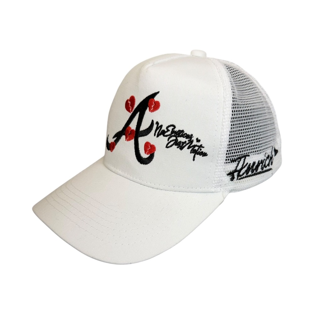 Fknrich White Mesh Trucker Hat Embroidered A Heart Broken Script Logo Snapback